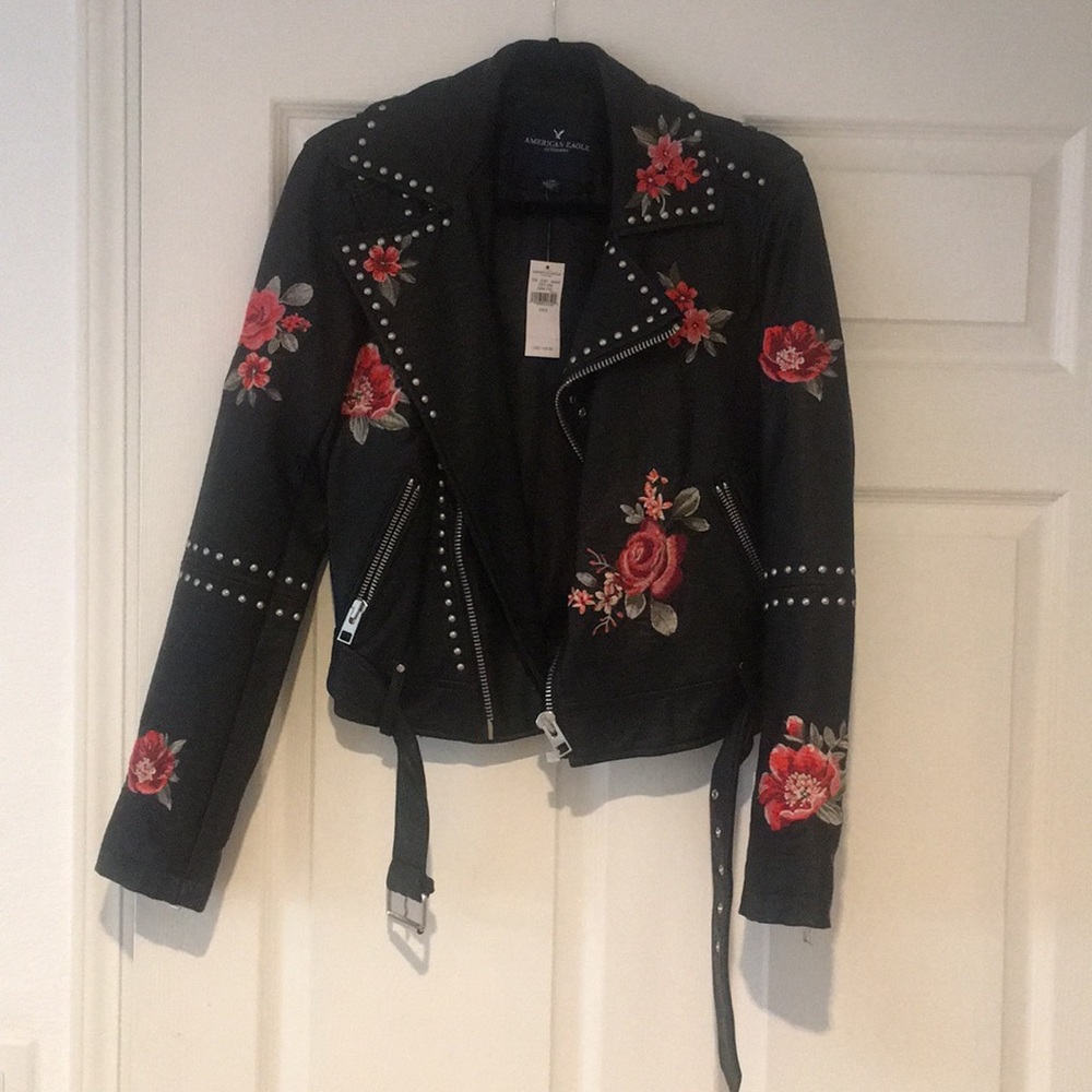 American Eagle embroidered floral Moto jacket